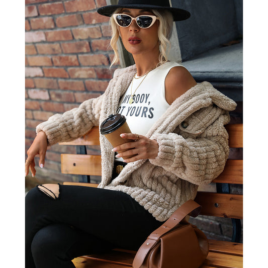 Shiny Velvet Cross-Border European and American Women's Double-Sided Velvet Long-Sleeve Turn-Down Collar Button-Up Solid Color Mid-Length Plush Coat