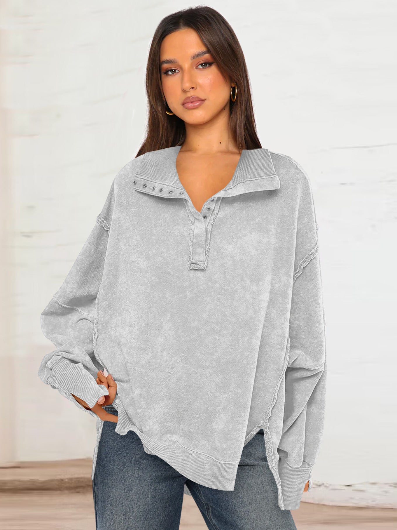 Sultyra Decorative Line Design Sense Top with Slit Lantern Sleeves polo