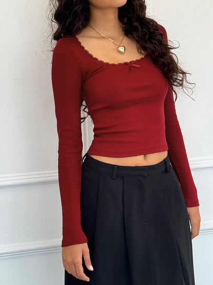 New Long Sleeve t T-shirt Women's Clothing wish Cross-border Trendy Brand Slim Fit Lace Patchwork Hot Girl Top U Collared Base Shirt