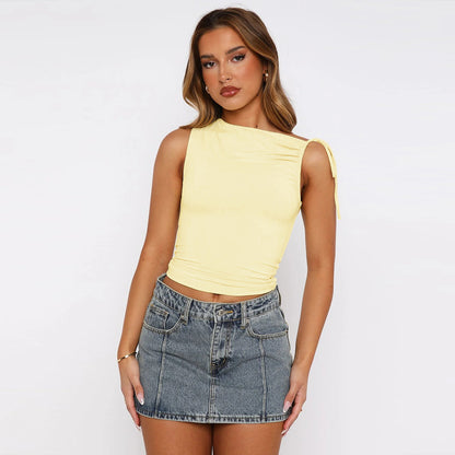 European and american women's clothing2025Spring Summer New Fashion Personality Irregular Strap Drawstring Tie Pleated Crop Top for Women