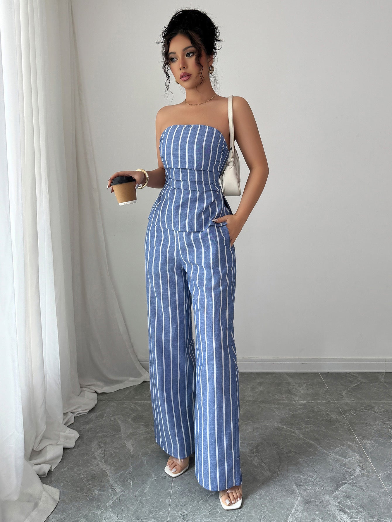Cross-border Fashion Elegant Strapless Striped Long Pants Two-piece Set Women's Clothing2025Spring and Summer Amazon Non-Iron Comfortable