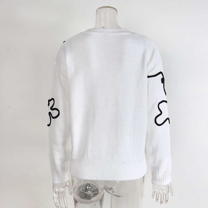 Cross-Border European and American Autumn Winter New Women's Sweater Fashion Flower Three-Dimensional Embroidery Round Neck Pullover Long Sleeve Knitted Sweater for Women