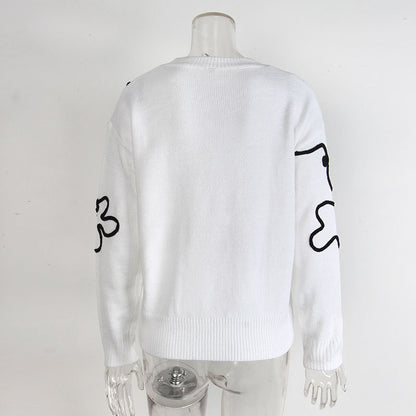 Cross-Border European and American Autumn Winter New Women's Sweater Fashion Flower Three-Dimensional Embroidery Round Neck Pullover Long Sleeve Knitted Sweater for Women
