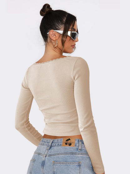 New Long Sleeve t T-shirt Women's Clothing wish Cross-border Trendy Brand Slim Fit Lace Patchwork Hot Girl Top U Collared Base Shirt