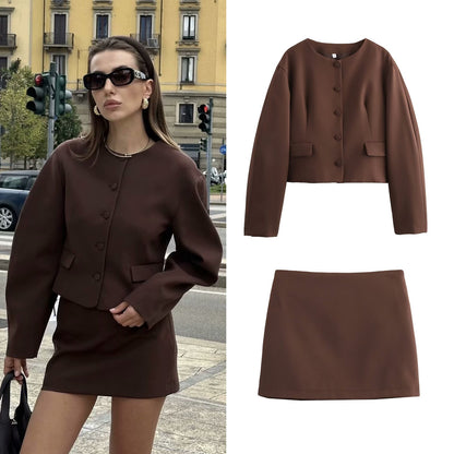 Women's Clothing2025Autumn Balloon Fit Round Neck Short Jacket+Mini Skirt Two Piece Suit B4