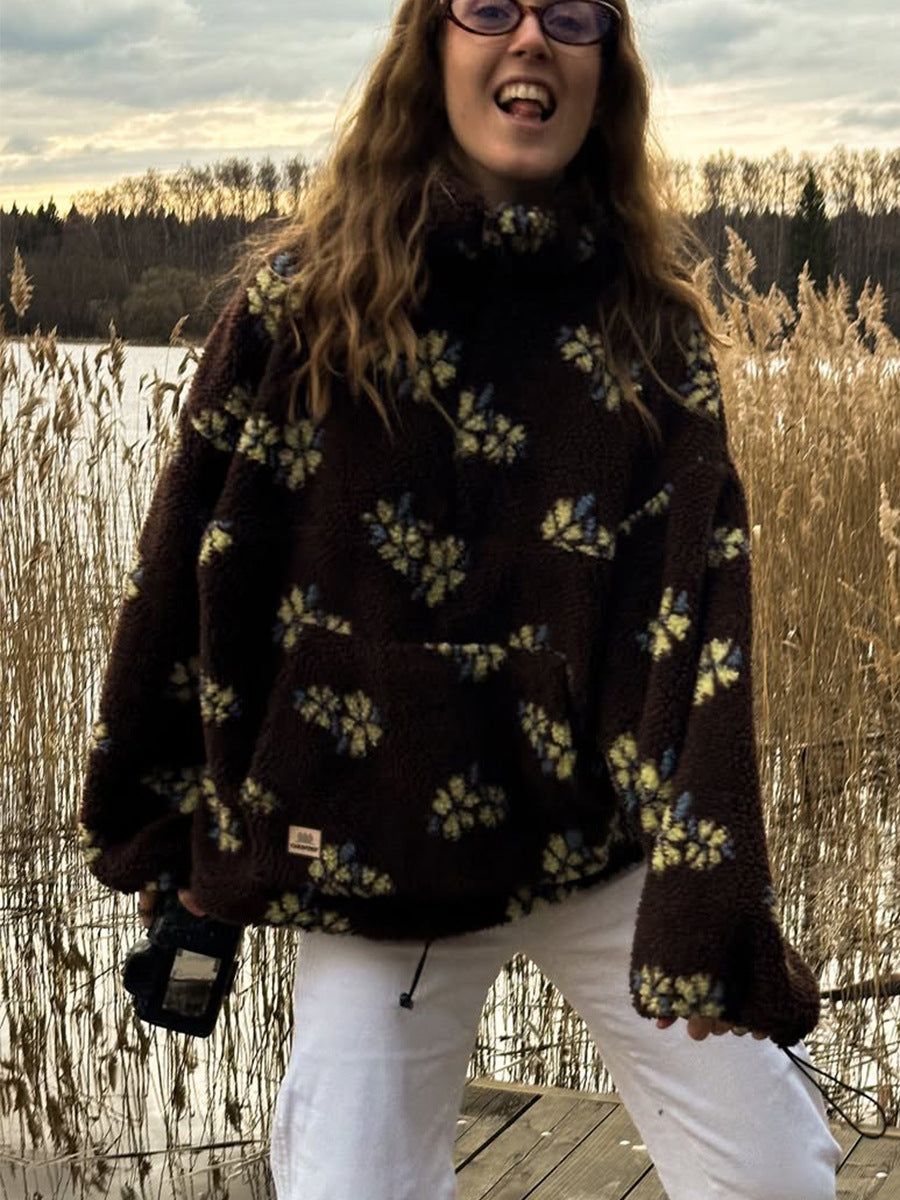 Cross-border fleece floral sweatshirt Europe and America2025Autumn and Winter New Fashion Sweatshirt Warm Fuzzy Sweatshirt Fleece Top for Women