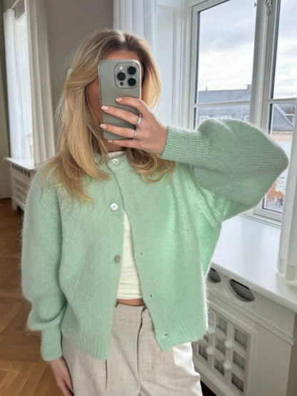 Candy Color Knitted Cardigan Women's European and American2025Autumn and Winter Mohair Solid Color Cardigan Macaron Color Sweater Cardigan for Women