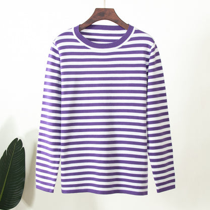Cross-border Round Neck Knitted Striped Sweater European and American Style2025Spring Versatile Classic Retro Striped Pullover Sweater for Women