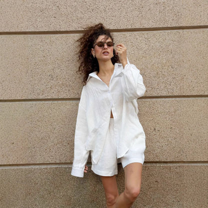 Cross-border pure cotton cardigan long sleeve shorts set2025Spring and summer outerwear simple solid color European and American style casual suit for women