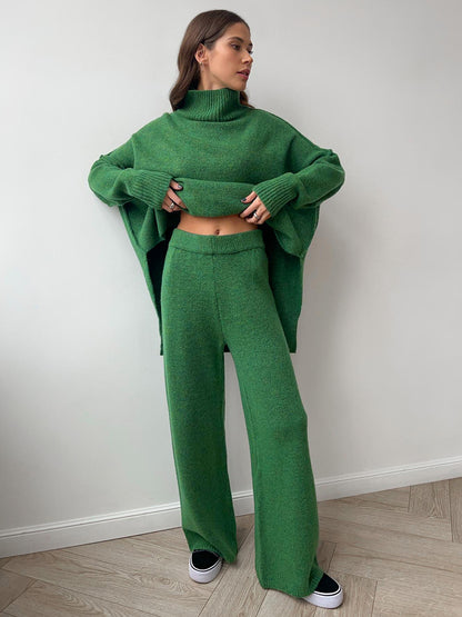 Cross-Border Turtleneck Sweater Set for Women, European and American Style, Autumn and Winter New Loose Casual Thick Knitted Long Pants Set