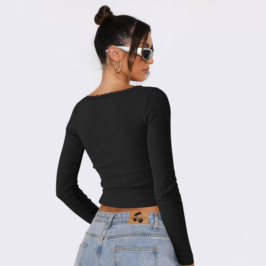 New Long Sleeve t T-shirt Women's Clothing wish Cross-border Trendy Brand Slim Fit Lace Patchwork Hot Girl Top U Collared Base Shirt