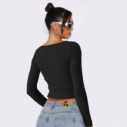 New Long Sleeve t T-shirt Women's Clothing wish Cross-border Trendy Brand Slim Fit Lace Patchwork Hot Girl Top U Collared Base Shirt