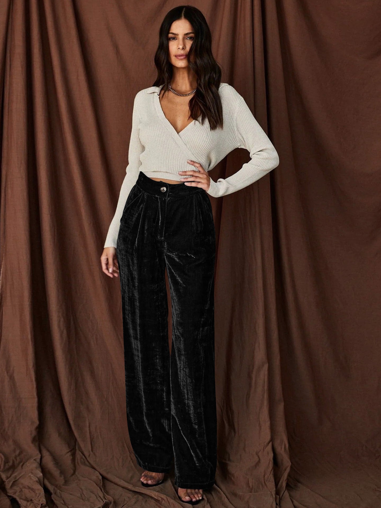 Sultyra Suede Loose Button Slimming Straight Wide-Leg Pants