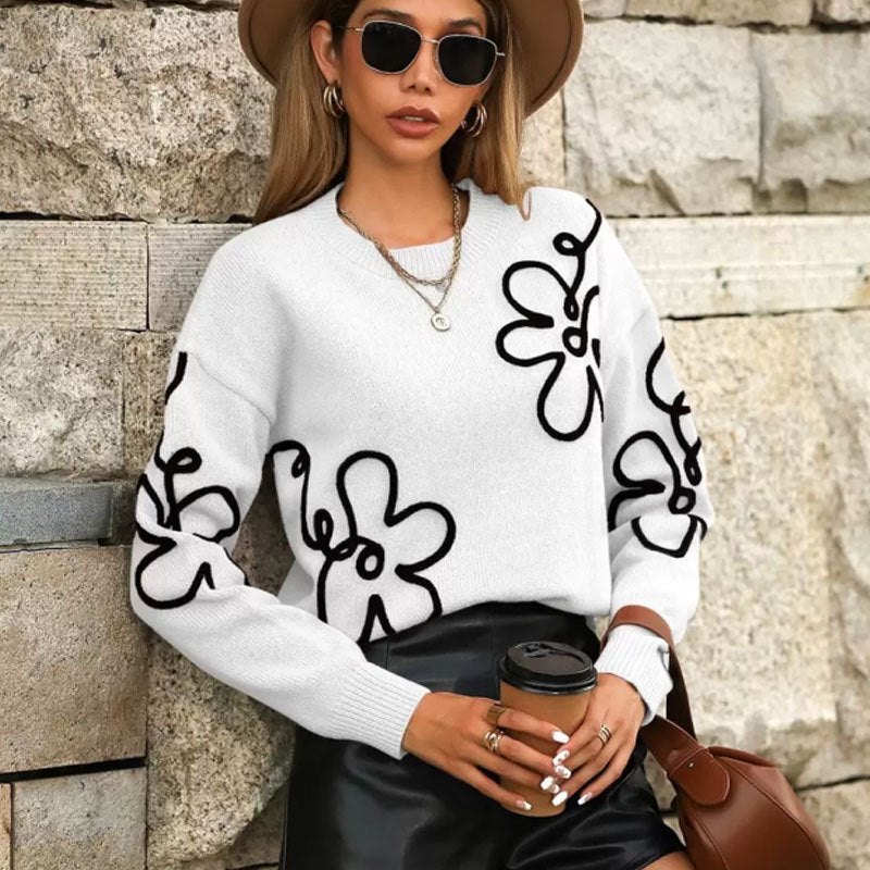 Cross-Border European and American Autumn Winter New Women's Sweater Fashion Flower Three-Dimensional Embroidery Round Neck Pullover Long Sleeve Knitted Sweater for Women