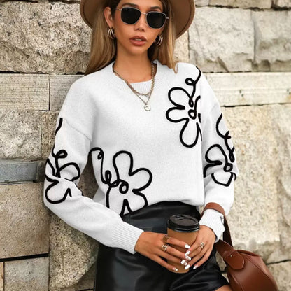 Cross-Border European and American Autumn Winter New Women's Sweater Fashion Flower Three-Dimensional Embroidery Round Neck Pullover Long Sleeve Knitted Sweater for Women