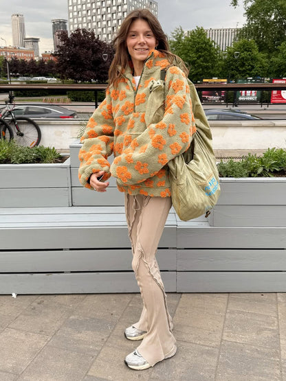 Cross-border fleece floral sweatshirt Europe and America2025Autumn and Winter New Fashion Sweatshirt Warm Fuzzy Sweatshirt Fleece Top for Women