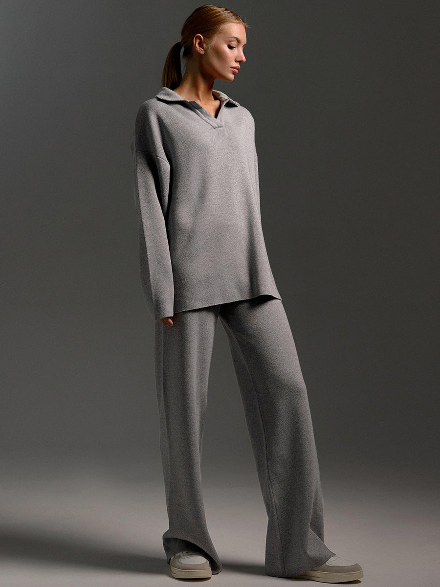 Sultyra Sweater Suit Polo Knitted Pullover Sweater+Wide-leg Pants Two-piece Set