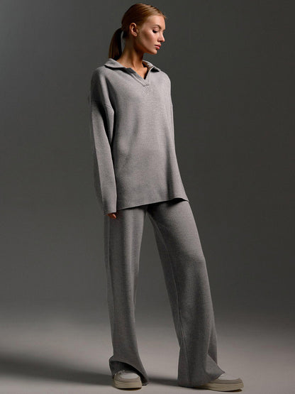 Sultyra Sweater Suit Polo Knitted Pullover Sweater+Wide-leg Pants Two-piece Set