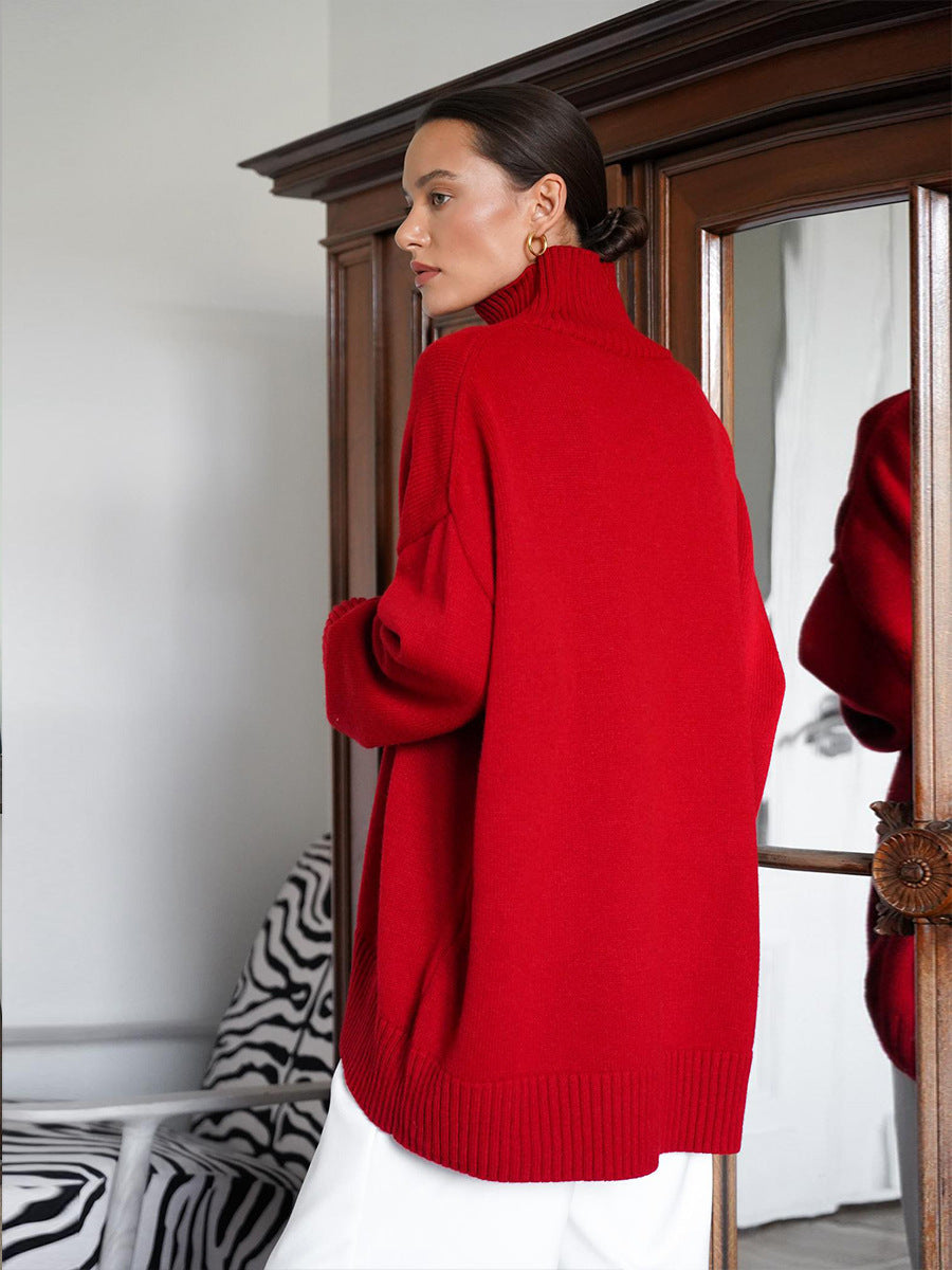 Cross-Border2025Hot-Selling European and American Style Autumn Winter Solid Color High Neck Knitted Sweater Loose Slimming Versatile Knitted Sweater for Women