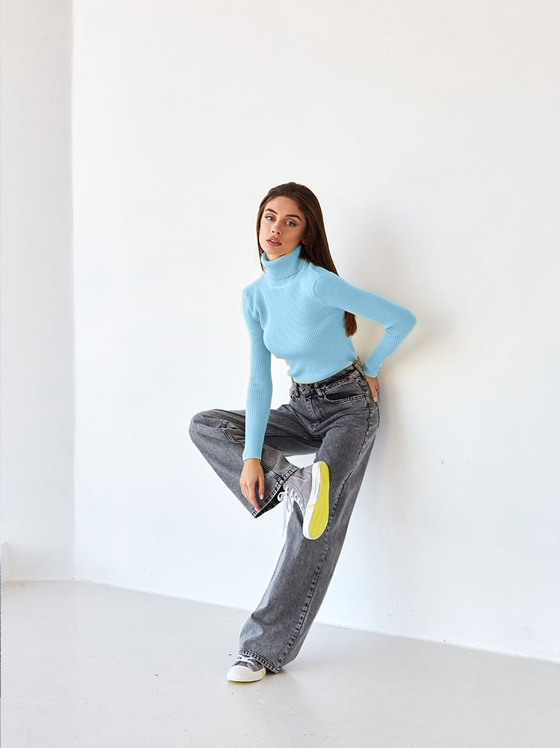 Cross-border Turtleneck Sweater Knitted Base Shirt European and American Style2025Amazon Autumn Knitted Sweater High Neck Pullover Sweater for Women