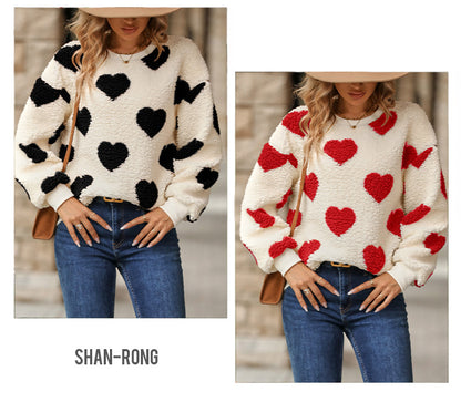 Shiny Velvet2023Cross-border Women's Fashion European and American Style Autumn Winter New Plush Heart Print Loose Long Sleeve Round Neck Pullover Sweatshirt