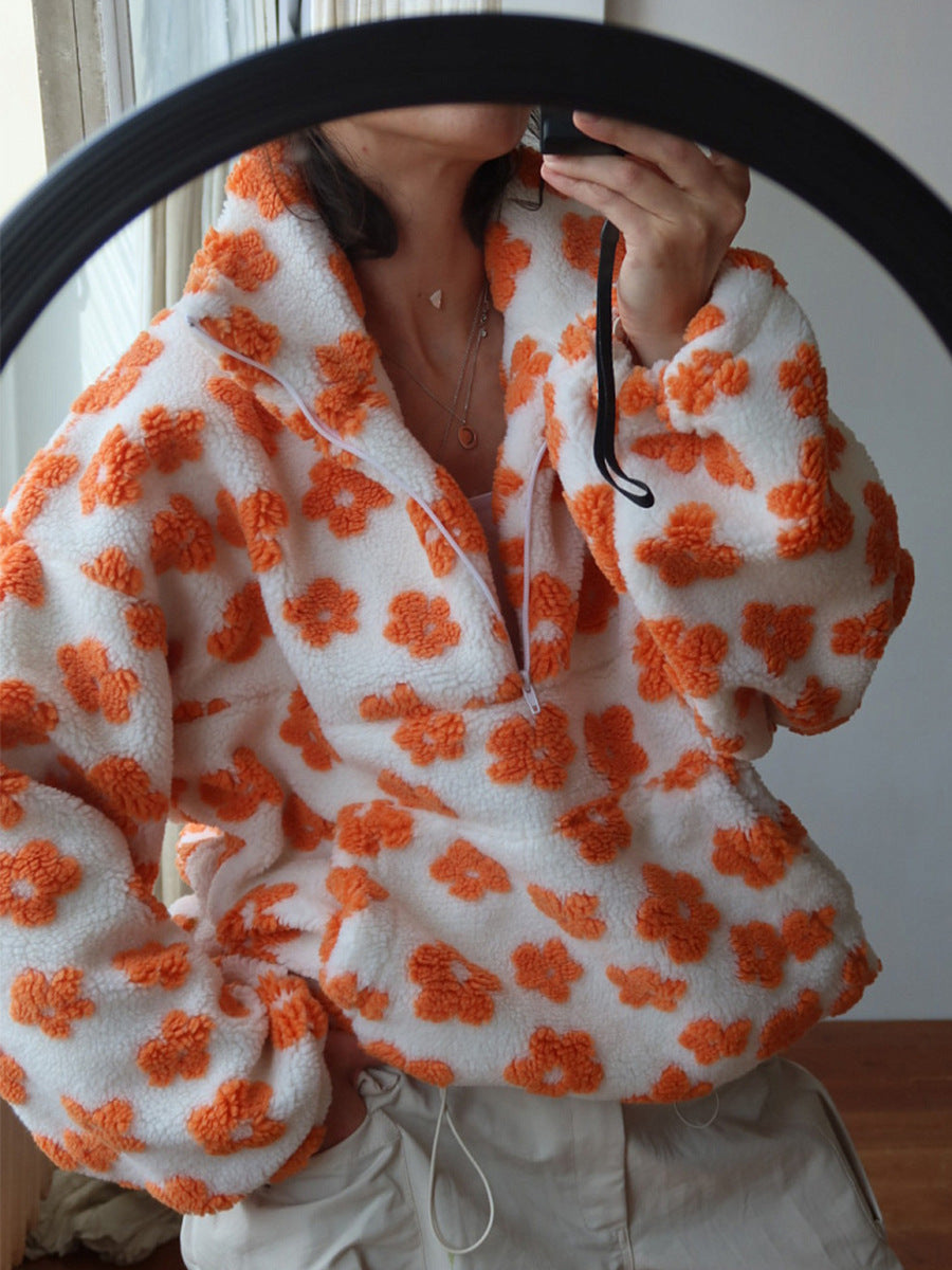 Cross-border fleece floral sweatshirt Europe and America2025Autumn and Winter New Fashion Sweatshirt Warm Fuzzy Sweatshirt Fleece Top for Women