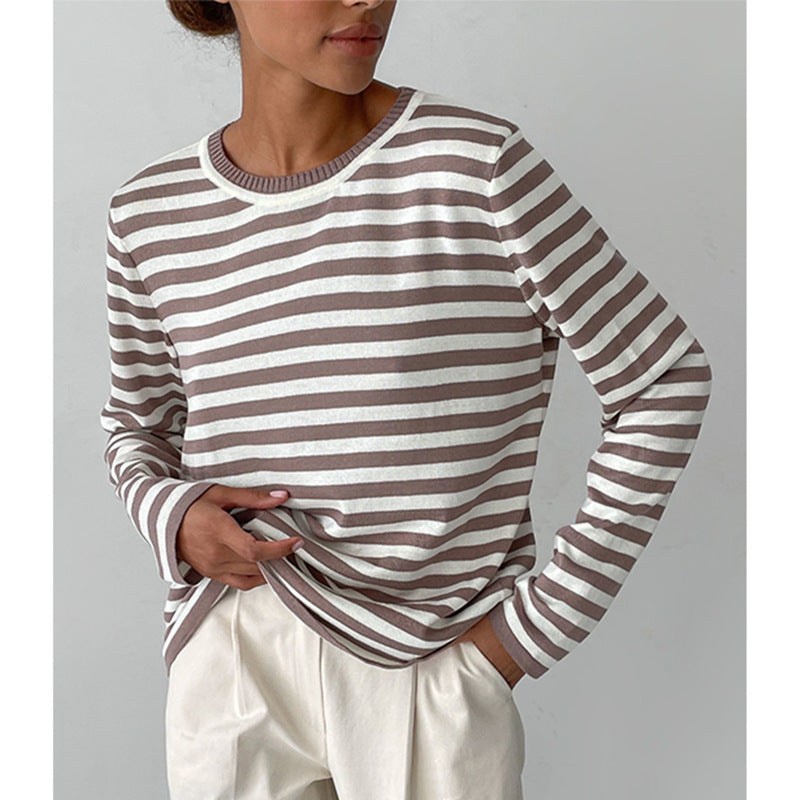 Cross-border Round Neck Knitted Striped Sweater European and American Style2025Spring Versatile Classic Retro Striped Pullover Sweater for Women
