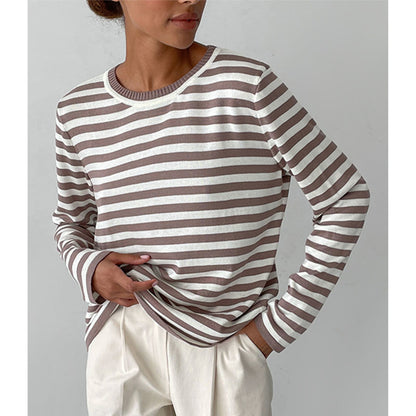 Cross-border Round Neck Knitted Striped Sweater European and American Style2025Spring Versatile Classic Retro Striped Pullover Sweater for Women