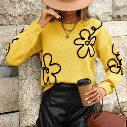 Cross-Border European and American Autumn Winter New Women's Sweater Fashion Flower Three-Dimensional Embroidery Round Neck Pullover Long Sleeve Knitted Sweater for Women