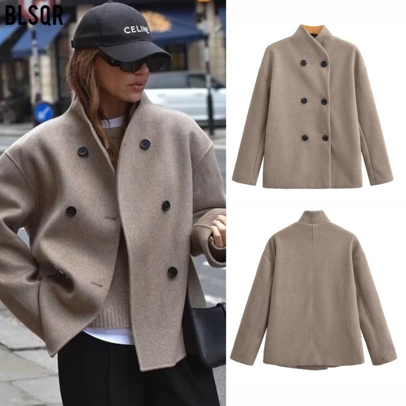 Wholesale Amazon Women's Clothing Autumn Winter New Fashionable Loose Fit V Double-breasted Woolen Coat C91695