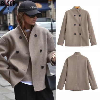 Wholesale Amazon Women's Clothing Autumn Winter New Fashionable Loose Fit V Double-breasted Woolen Coat C91695