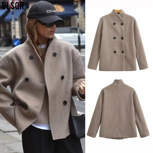 Wholesale Amazon Women's Clothing Autumn Winter New Fashionable Loose Fit V Double-breasted Woolen Coat C91695