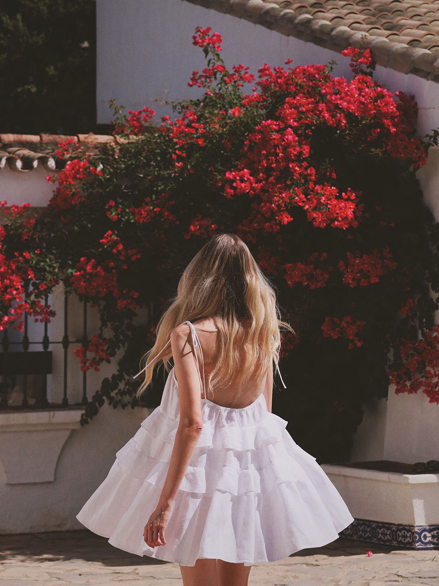 Cross-border spaghetti strap dress European and American style2025Summer Multi-layer Ruffle Cake Dress Short Backless Strap Dress