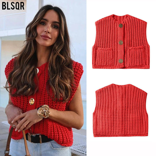 11Color Amazon2024Spring and Autumn New Women's Fashion European and American Style Pocket Sleeveless Short Knitted Cardigan Vest