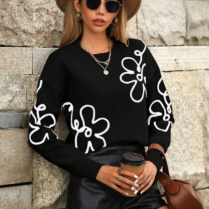 Cross-Border European and American Autumn Winter New Women's Sweater Fashion Flower Three-Dimensional Embroidery Round Neck Pullover Long Sleeve Knitted Sweater for Women