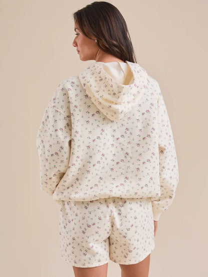Sultyra Floral Casual Hooded Sweatshirt High Waist Comfortable Shorts Set