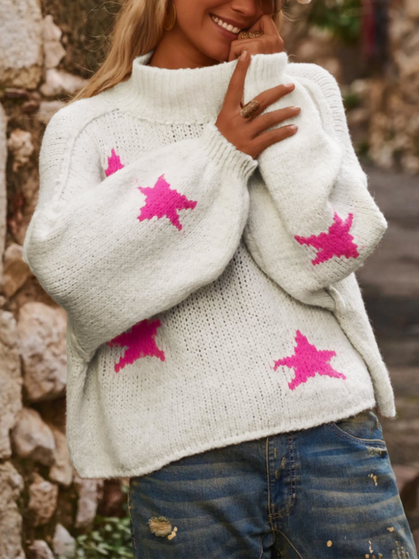 Sultyra Star Pattern High Neck Pullover Sweater
