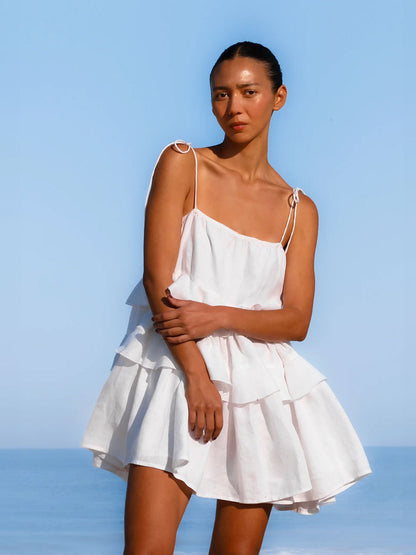 Cross-border spaghetti strap dress European and American style2025Summer Multi-layer Ruffle Cake Dress Short Backless Strap Dress