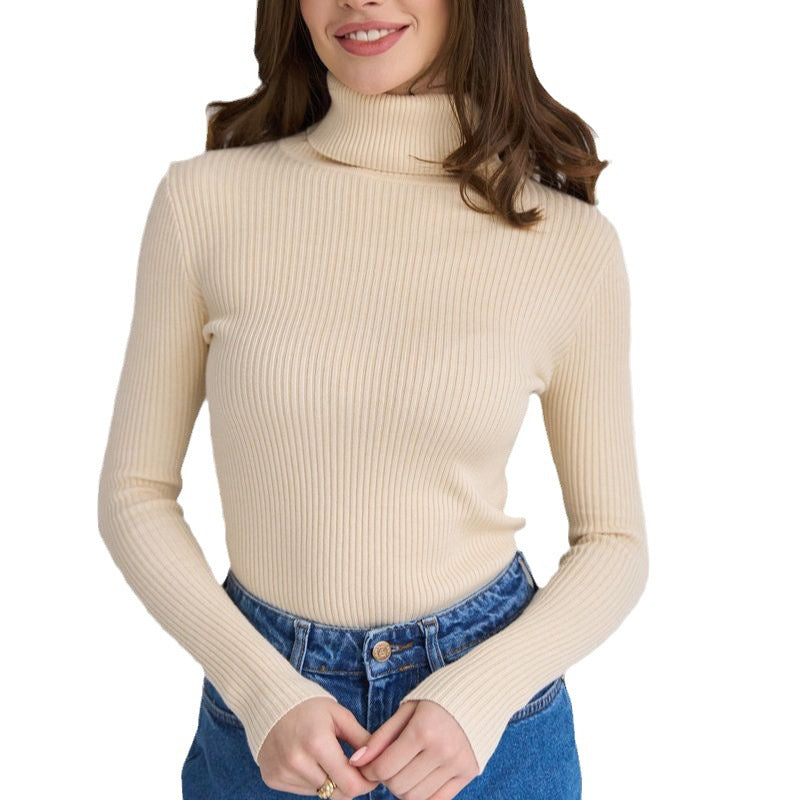 Cross-border Turtleneck Sweater Knitted Base Shirt European and American Style2025Amazon Autumn Knitted Sweater High Neck Pullover Sweater for Women