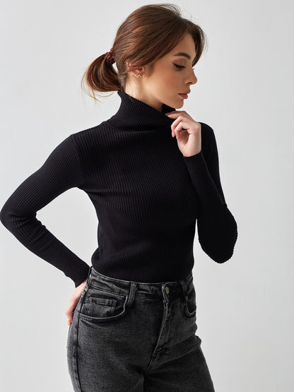 Cross-border Turtleneck Sweater Knitted Base Shirt European and American Style2025Amazon Autumn Knitted Sweater High Neck Pullover Sweater for Women