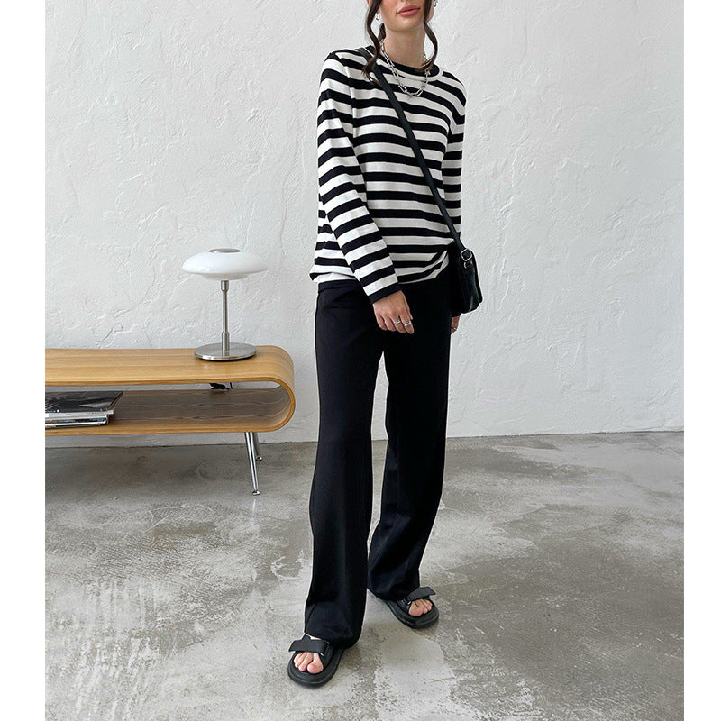 Cross-border Round Neck Knitted Striped Sweater European and American Style2025Spring Versatile Classic Retro Striped Pullover Sweater for Women