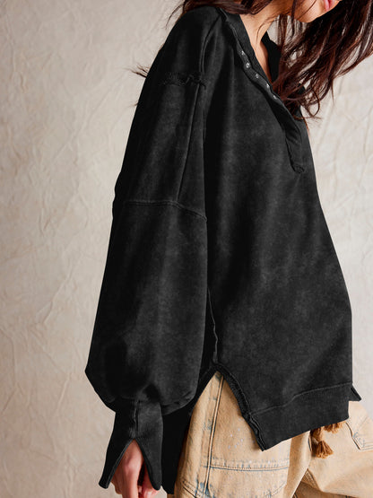 Sultyra Decorative Line Design Sense Top with Slit Lantern Sleeves polo