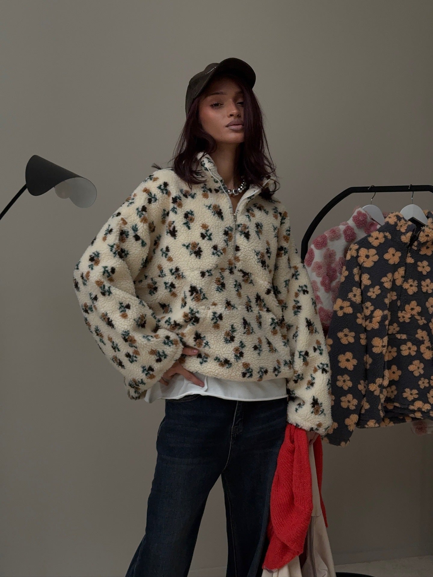 Cross-border fleece floral sweatshirt Europe and America2025Autumn and Winter New Fashion Sweatshirt Warm Fuzzy Sweatshirt Fleece Top for Women