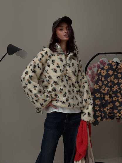 Cross-border fleece floral sweatshirt Europe and America2025Autumn and Winter New Fashion Sweatshirt Warm Fuzzy Sweatshirt Fleece Top for Women