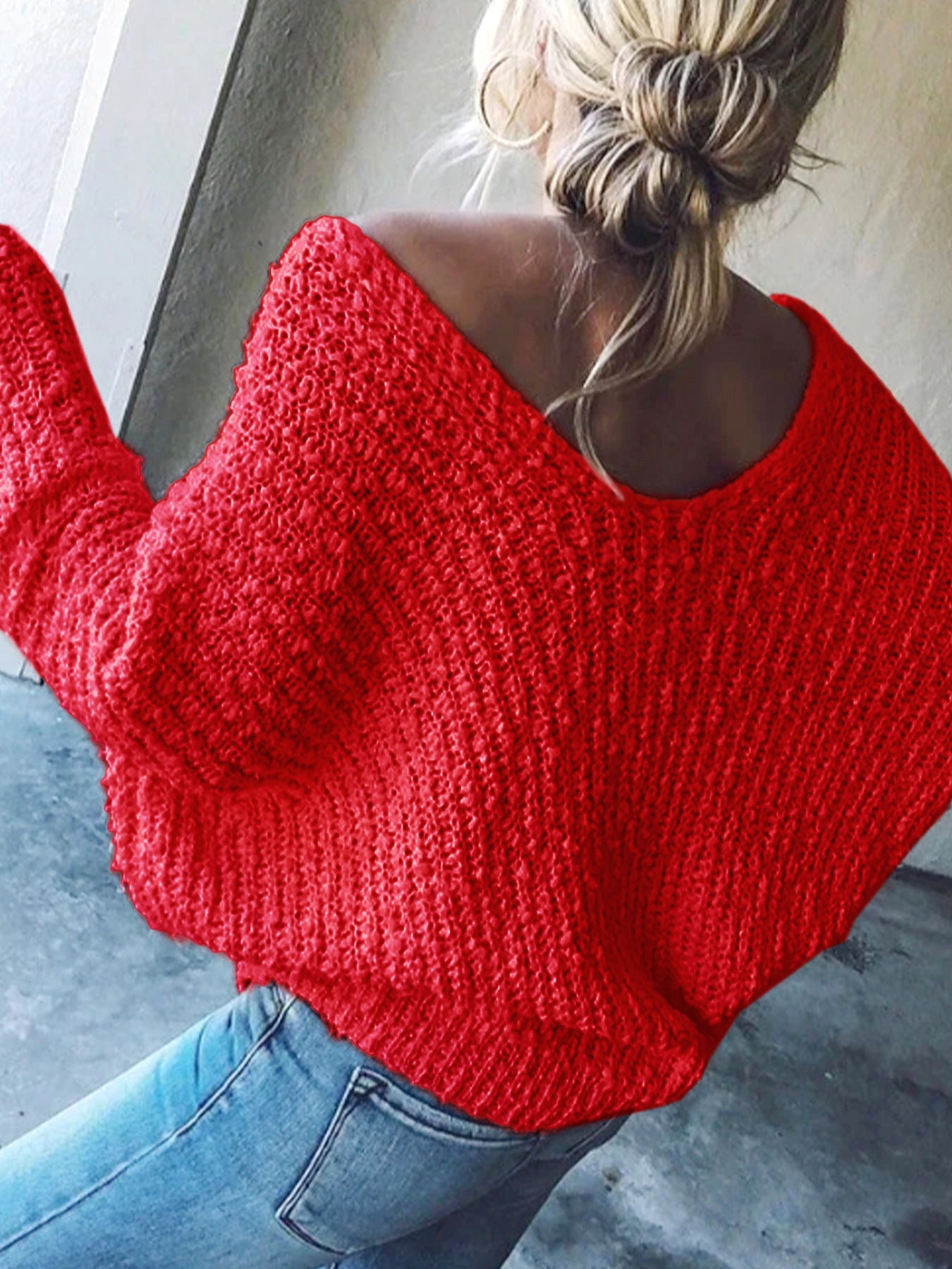 Foreign Trade Cross-Border European and American Amazon Source Manufacturer Large V Collar Hollow Pullover Knit Sweater Long Sleeve Solid Color Spring Autumn