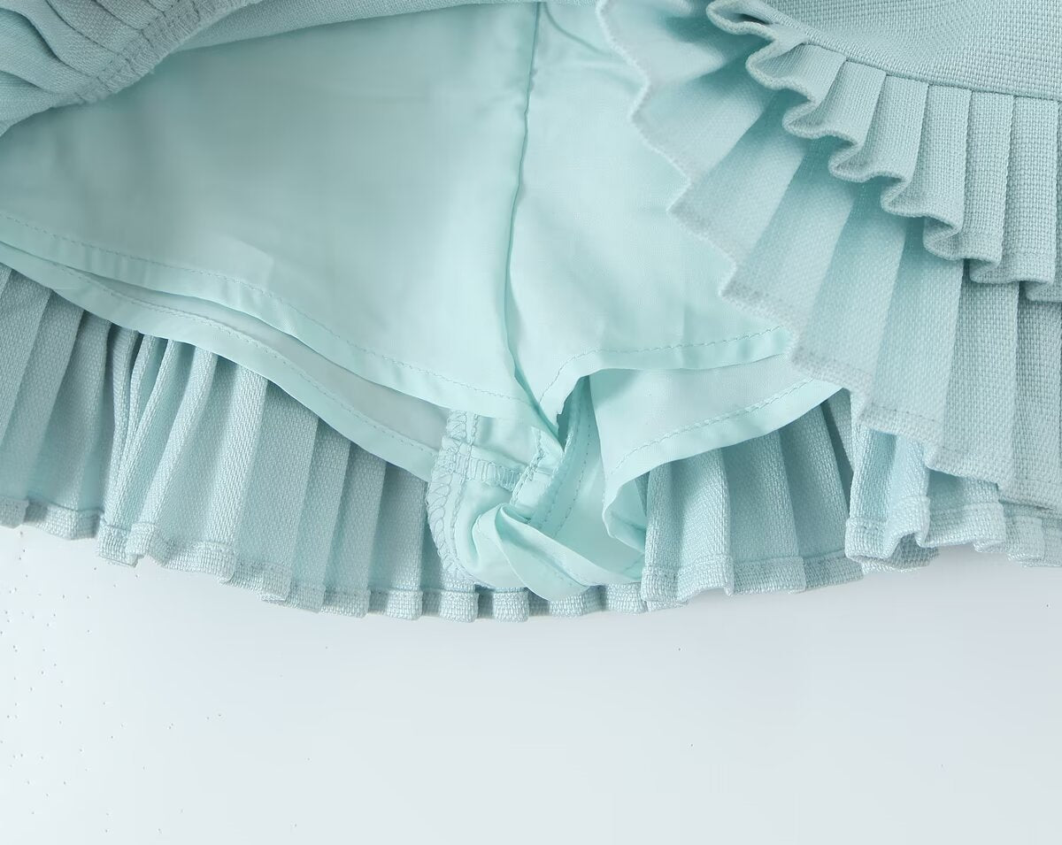 Cross-border European and American Fashion Striped Short Sleeve T Shirt Top+Low Waist Pleated Short Skirt2025Spring New D79551