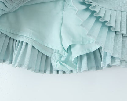 Cross-border European and American Fashion Striped Short Sleeve T Shirt Top+Low Waist Pleated Short Skirt2025Spring New D79551