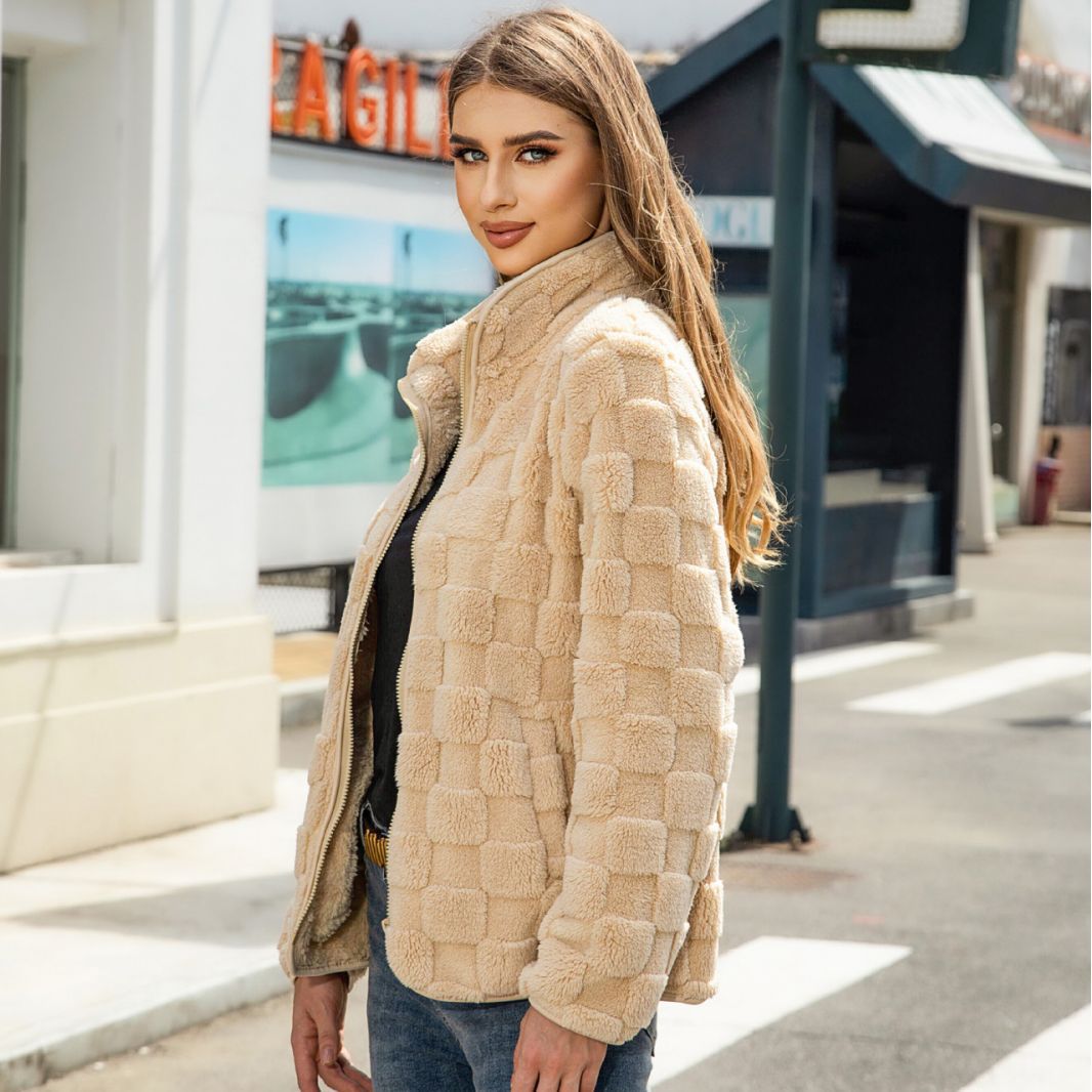 Shiny Velvet2023Autumn and Winter New Cross-Border European and American Women's Long Sleeve Cardigan Zipper Loose Solid Color Plaid Fuzzy Coat