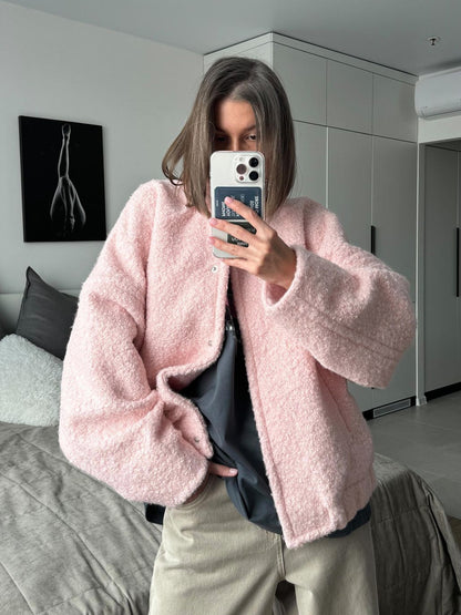 Cross-border Pink Jacket Europe and America2025Winter New Style Elegant Casual Stand Collar Drop Shoulder Short Furry Coat