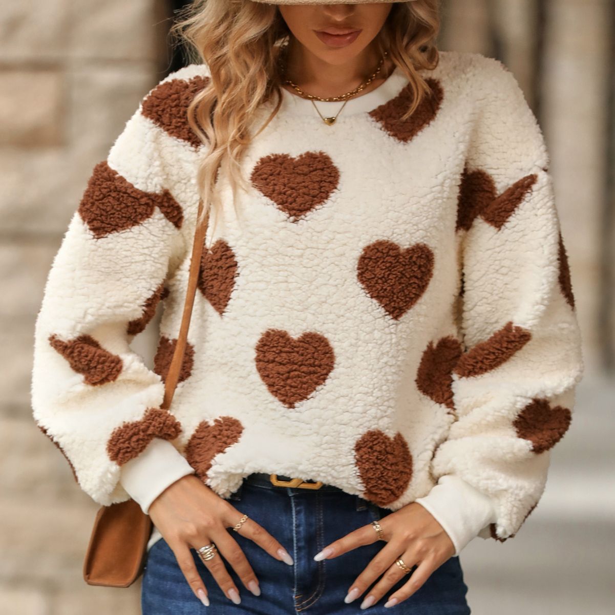 Shiny Velvet2023Cross-border Women's Fashion European and American Style Autumn Winter New Plush Heart Print Loose Long Sleeve Round Neck Pullover Sweatshirt